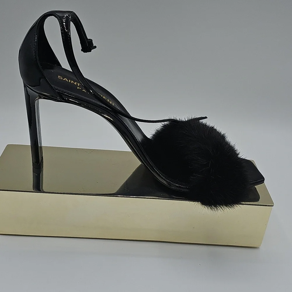 Saint Laurent Black Fur Strap Heels 37 1/2 - Picture 5 of 16